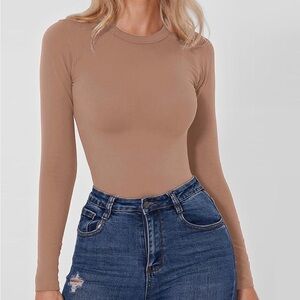 Long sleeve round neck bodysuit minimalist tan